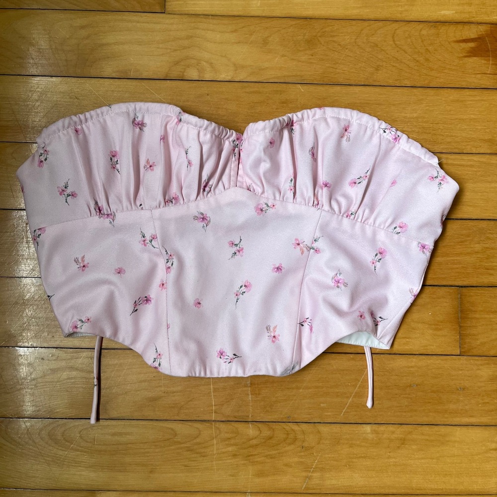 White Fox Pink Floral Corset Crop Top Ruched Bustier Size S Zip Back Lace Up